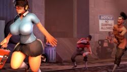 2girls 3boys deusvult femscout holding_penis huge_balls huge_boobs huge_cock impressed running running_away running_nude scout scout_(team_fortress_2) thick thick_ass thick_thighs