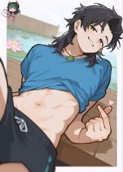1boy abs ai_assisted ai_generated black_hair black_shorts blizzard_entertainment blue_shirt bright_pupils brown_eyes clothes_lift clothing earrings finger_heart flower groin jewelry lily_pad looking_at_viewer lotus male_focus medium_hair midriff navel necklace overwatch overwatch_2 pond seductive_smile sefionnsfw self_upload shirt shirt_lift short_sleeves shorts single_earring smile solo stomach toned toned_male water wuyang
