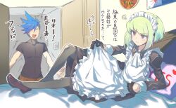 2boys androgynous crossdressing femboy fully_clothed galo_thymos lio_fotia maid maid_dress maid_headdress maid_uniform on_bed promare solo_focus twink yaoi