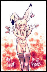 1boy anthro balls big_balls blood cute emo flaccid fur furry heart knives lagomorph looking_at_viewer male male_only nude penis piercing pink_hair rabbit sneakerfox solo standing stockings tongue uncut weapon