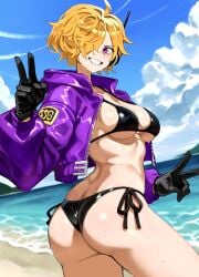 1girls absurdres ass beach bikini black_bikini blonde_hair blush breasts commentary commission double_v female grin hair_over_one_eye highres jacket jacket_over_swimsuit kasumi6 kasumi_6 medium_breasts one_eye_covered one_piece outdoors purple_jacket short_hair side-tie_bikini_bottom skeb_commission smile solo string_bikini sweat swimsuit twisted_torso underboob v vegapunk_lilith