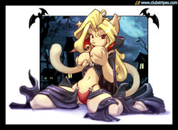 anthro big_breasts blonde_hair breasts clothes clubstripes drybone exposed feline female fur furry hair halloween kneeling long_hair looking_at_viewer mammal nipple_suck nipples panties red_eyes skimpy solo spooky topless underwear vampire yellow