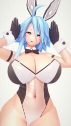 3d alternate_breast_size arms_up big_breasts blanc blue_hair blush bunny_ears bunnysuit close-up goddess huge_breasts looking_at_viewer neptunia_(series) pose red_eyes solo taf4mad thick_thighs white_heart white_heart_(neptunia)
