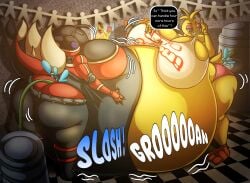 animatronic animatronic_female big_belly big_breasts chicken chicken_girl five_nights_at_freddy's five_nights_at_freddy's_2 fnaf inflation inflation_fetish robot robot_girl scottgames soupladdle toy_chica_(fnaf) tube tube_in_ass water water_inflation