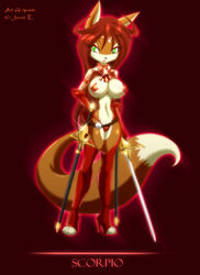 armor big_breasts breasts canine female fox fur furry_ears furry_tail jessica_elwood matypup scorpio skimpy solo sword tail unconvincing_armour weapon zodiac