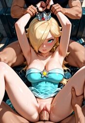 2boys ai_generated aqua_dress arm_grab armpits arms_up assisted_rape bangs bare_legs bare_shoulders blonde_hair blue_dress blue_eyes blush bound bound_wrists breasts cleavage clitoris closed_mouth clothed_sex clothes_lift clothing collarbone crown dress dress_lift earrings erection female group_sex hair_over_one_eye handcuffs headwear holding_another's_wrist jewelry jousneystudio large_breasts long_hair looking_at_viewer lying m_legs male mario_(series) mini_crown missionary mmf_threesome multiple_boys nintendo no_panties on_back one_eye_covered patreon penis princess_rosalina pubic_hair pussy rape restrained rolling_eyes rosalina sex sitting solo_focus spread_legs star_(symbol) star_earrings straight strapless strapless_dress super_mario_galaxy sweat thigh_grab thighs threesome trembling v-shaped_eyebrows vagina vaginal_penetration veins veiny_penis