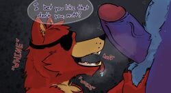 anthro ball_fondling balls blue_body blue_fur bonnie_(fnaf) breath canid canine chest_tuft dialogue duo eye_patch eyewear five_nights_at_freddy's fondling fox foxy_(fnaf) fur genitals gold_(metal) gold_tooth hi_res humanoid_genitalia humanoid_penis lagomorph leporid male male/male mammal onomatopoeia panting penis penis_sniffing rabbit red_body red_fur scottgames sniffing sound_effects text thatonehorndawg tuft vein veiny_penis whining