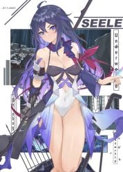 1girls blush breasts cleavage clothed clothed_female female hi_res honkai:_star_rail jinmuxi_(user_pvha4443) leotard light-skinned_female light_skin long_hair long_hair_female looking_at_viewer medium_breasts navel_visible_through_clothes no_pants painted_nails purple_eyes purple_hair purple_nails seele_(honkai:_star_rail) solo_only thigh_gap thighs