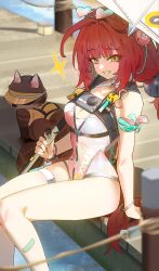 1girls arm_support bandaid bandaid_on_leg blush bracelet braid braided_twintails breasts cleavage eyewear_on_head female green_eyes grin hearing_aid heart heart-shaped_eyewear highres holding holding_umbrella jewelry kamanosuke_(zenless_zone_zero) long_hair looking_at_viewer majo_(pastamajo) official_alternate_costume one-piece_swimsuit pink_one-piece_swimsuit raccoon red_hair sitting smile solo sphere_hair_ornament swimsuit tanuki teeth thigh_strap twintails two-tone_one-piece_swimsuit ukinami_yuzuha ukinami_yuzuha_(tanuki_in_broad_daylight) umbrella umbrella_over_shoulder very_long_hair white_one-piece_swimsuit zenless_zone_zero