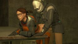 1boy 1girls ali_quantum bent_over bent_over_table bottomless_male citizen_(half-life_2) civil_protection_(half-life_series) desk female_01_(half-life_2) functionally_nude glasses gordon_freeman half-life_(series) half-life_2 rule_63 sfm source_filmmaker vaginal_penetration