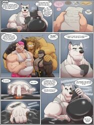 5_fingers abs anthro arm_hair black_body black_fur blue_eyes blush body_hair bovid bovine brown_body brown_fur canid canine canis cattle chest_hair clothing comic dialogue dog_tags domestic_dog domestic_pig dronesuit ear_piercing english_text facial_piercing fingers fur group hair hairy handwear hi_res horn inside latex latex_clothing latex_handwear lock_symbol male mammal mohawk muscular muscular_anthro muscular_male mustelid nipples nose_piercing otter paper penis_squeeze piercing pink_body pink_hair rubberbuns shirt sholder_spikes suid suine sus_(pig) symbiote tan_body tank_top text topwear