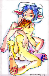 2002 anthro ass bed couple female fur furry greenmonkey hindpaw holding lagomorph male male_focus nude penis pillow pink rabbit straight tail white_background yellow