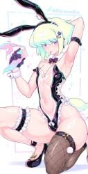 1boy androgynous blush bob_cut bowtie bulge bulge_through_clothing bunny_costume bunny_ears bunny_tail crossdressing femboy fishnets hair_clips hair_ornament hairclip heels lio_fotia looking_at_viewer male oyasaiiis promare short_hair slim slim_male solo thick_thighs tight_clothing tongue tongue_out transparent_clothing twink