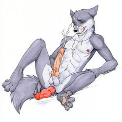 1boy anal anal_dildo anal_insertion anal_masturbation anal_sex anthro balls canine canine_penis cum cum_on_chest cumshot dildo ear_back facial fur furry holly_marie_ogburn insertion knot looking_pleasured male male_only masturbation nipples on_back orgasm paws penetration penis reclining sex_toy sheath solo spread_legs spreading veins wolf