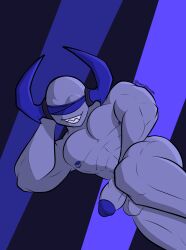 abs absurd_res admiralgus1897 anthro balls ban_hammer_(phighting) biceps blindfold blindfold_only demon genitals hi_res horn male muscular muscular_anthro muscular_male nipple_fetish nipple_play nipples nude pecs penis phighting purple_body roblox simple_background solo