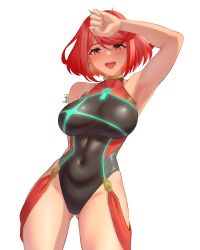 :d absurdres aqua_gemstone arm_up armpits bare_shoulders black_one-piece_swimsuit breasts chest_jewel commentary competition_swimsuit core_crystal_(xenoblade) covered_navel cowboy_shot earrings female gem headpiece highres ibouki jewelry large_breasts legs looking_at_viewer official_alternate_costume one-piece_swimsuit open_mouth pinstripe_one-piece_swimsuit pyra pyra_(pro_swimmer)_(xenoblade) pyra_(xenoblade) red_eyes red_hair red_one-piece_swimsuit red_shoes ribbed_swimsuit shoes short_hair smile solo standing strapless strapless_one-piece_swimsuit striped_clothes striped_one-piece_swimsuit swept_bangs swimsuit tiara two-tone_swimsuit vertical-striped_clothes vertical-striped_one-piece_swimsuit xenoblade_(series) xenoblade_chronicles_(series) xenoblade_chronicles_2