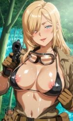 ai_generated areola areolae bangs bangs_over_one_eye big_breasts bikini bikini_top black_bikini blonde_hair blue_eyes bodysuit breasts_out eva_(metal_gear_solid) eva_(metal_gear_solid_delta) forest gloves gun illustrious_(stable_diffusion) illyfurina lips long_hair looking_at_viewer metal_gear metal_gear_solid metal_gear_solid_3 metal_gear_solid_delta military naughty naughty_face navel nipples oiled oiled_skin open_clothes open_mouth parted_lips pixai pointing seducing seduction seductive seductive_body seductive_eyes seductive_gaze seductive_look seductive_mouth seductive_pose seductive_smile shiny_skin smile smiling smiling_at_viewer stable_diffusion sweat sweatdrop sweating sweaty sweaty_body swimsuit