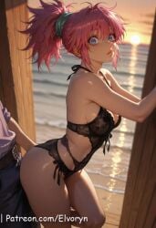 1boy 1girls against_wall ai_generated big_ass big_breast breasts breasts_in doggy_style elvoryn female female_on_bikini human hunter_x_hunter large_breasts light-skinned_female light_skin long_hair looking_at_viewer looking_back machi_komacine male pale-skinned_female pale_skin phantom_troupe pink_hair pink_nipple solo solo_female underwear