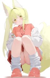 absurdres animal_ears blonde_hair blush commission female fox_ears fox_girl fox_tail highres looking_at_viewer loose_socks nbee_ya off_shoulder original pink_shirt pink_shoes pussy shirt shoes simple_background socks solo squatting sweater tail whiskers white_background white_sweater yellow_eyes