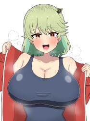 1girl aroused blush breasts cleavage collarbone duel_masters female gaiash_kaiser,_the_meteor huge_breasts in_heat nagareboshi_asche naughty_face open_jacket school_swimsuit smile solo steam sukumizu track_jacket upper_body upper_teeth