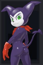 ass back_view backsack digimon green_eyes imp imp_tail impmon looking_at_viewer looking_back pheanir presenting_hindquarters purple_body red_handkerchief smile smiling tail