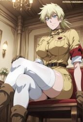 ai_generated big_breasts big_butt blonde_hair blue_eyes british_female charizardo crossed_legs european european_female hellsing pale-skinned_female seductive seductive_look seras_victoria short_hair smiling thighs