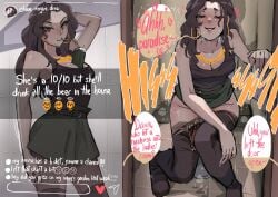 1girls bare_shoulders biku black_hair black_panties black_pantyhose black_tank_top breasts chloe_(biku) cleavage drink drink_on_breasts english_text female green_skirt instagram instagram_story large_breasts long_hair necklace orange_panties original panties panty_pull pantyhose pantyhose_pull peeing skirt skirt_lift solo solo_female solo_focus speech_bubble tank_top text text_bubble toilet toilet_use underwear