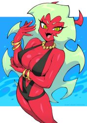 333_(dqqqdle) breasts colored_skin demon_girl demon_horns female green_eyes green_hair horns large_breasts long_hair looking_at_viewer panty_&_stocking_with_garterbelt red_skin scanty_(psg) scanty_daemon yellow_eyes