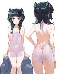 :< areola_slip ass back bandaged_arm bandages blue_eyes breasts closed_mouth commentary cone_hair_bun covering_privates cowboy_shot double_bun feet_out_of_frame female flat_chest flower foolish_potato from_behind green_hair hair_bun hair_flower hair_ornament hair_over_shoulder hand_on_own_hip highres kusuriya_no_hitorigoto long_hair looking_at_viewer low_twintails maomao_(kusuriya_no_hitorigoto) multiple_views nude_cover purple_robe robe rock see-through_clothes simple_background sitting small_breasts standing symbol-only_commentary twintails water_drop wet wet_clothes white_background