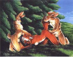 2003 anthro canine female fox fur furry furry_ears furry_tail hare heather_bruton lagomorph male mammal oral predator/prey sex spitroast straight tail threesome turnabout