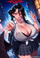 ai_generated bag balecxi black_bra black_hair black_wings blue_archive bracelet bubble_blowing chewing_gum cleavage double_v female hair_bun halo hasumi_(blue_archive) hasumi_(swimsuit)_(blue_archive) huge_breasts long_hair looking_at_viewer low_wings mole mole_under_eye plaid plaid_skirt pleated_skirt red_eyes school_uniform solo underwear white_shirt