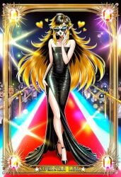 ai_art ai_generated bare_legs black_hair black_lipstick black_nails blue_eyes blush border choker crossdressing dress elf_ears fancy_clothing femboy feminine_male feminization golden_hair gown heart high_heels hylian link link_(breath_of_the_wild) link_(tears_of_the_kingdom) long_dress long_hair male male_focus nintendo no_sex novelai paparazzi photoshoot posing posing_for_the_viewer red_carpet revealing_clothes rupee sexy smirk sole_male suggestive text the_legend_of_zelda tight_clothing trading_card trap triforce twink very_long_hair wild_hair