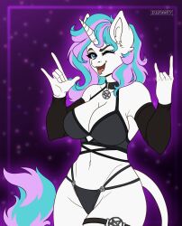 2024 aaliyah_(wiserodin032402) bikini black_bikini black_bikini_bottom black_bikini_top blue_eyes blue_hair breasts cleavage collar equine female female_only kookynsfw one_eye_closed original original_character pink_hair purple_background sleeves thick_thighs thighs tongue tongue_out unicorn unicorn_horn white_body white_fur winking