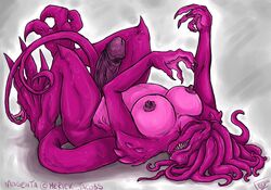 blackheartspiral breasts dragon futanari herm intersex lizard magenta monster moon_beast nude purple red scalie solo spines tentacle