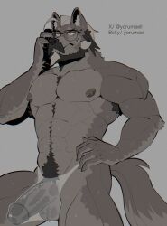 1boy abs animal_ears artist_name ass bara bare_pectorals biceps black_hair bluesky_username bulge calling chest_fur closed_mouth collarbone commentary dog_boy dog_ears dog_tail erection erection_under_clothes furrification furry furry_male glasses grey_fur grey_hair hand_on_own_hip highres holding holding_phone hoyoverse looking_to_the_side male_focus multicolored_hair muscular muscular_male navel nipples pectorals penis phone pompey pompey_(zenless_zone_zero) pubic_hair see-through_underwear stomach_hair streaked_hair symbol-only_commentary tail testicles topless_male twitter_username yorumaell zenless_zone_zero