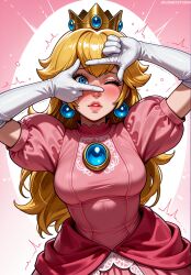 ai_generated arms_up blonde_hair blue_eyes blush breasts brooch clothing crown dress earrings elbow_gloves female finger_frame gloves headwear jewelry jousneystudio lips long_hair looking_at_viewer mario_(series) medium_breasts nintendo one_eye_closed parted_lips patreon pink_dress pink_lips princess_peach princess_peach:_showtime! puffy_short_sleeves puffy_sleeves short_sleeves solo sphere_earrings super_mario_bros. thick_lips trembling upper_body white_gloves