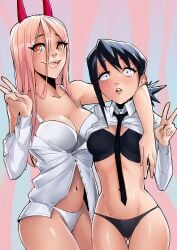 2girls black_hair blonde_hair bra breasts chainsaw_man demon_girl duendesoide eye_contact female female_only higashiyama_kobeni horns long_hair looking_at_viewer panties peace_sign power_(chainsaw_man) sharp_teeth short_hair standing thick_thighs