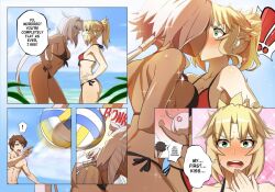 1boy 2girls accidental_circumstance accidental_kiss accidental_yuri anger_vein angry ball beach bikini black_bikini blonde_hair blue_eyes blush breast_shaming brown_hair caenis_(fate) calling_flat chocolate_and_vanilla comic dark-skinned_female dark_skin dialogue english english_text fate/grand_order fate_(series) female female_focus first_kiss flustered fujimaru_ritsuka_(male) green_eyes hard_translated high_ponytail hit_by_ball hit_in_the_head hyperbudd kissing male mocking mordred_(fate) mordred_(fate/apocrypha) mordred_(swimsuit_rider) multiple_girls outdoors panels ponytail red_bikini seaside small_breast_humiliation small_breasts speech_bubble swimsuit text translated volleyball white_hair yuri