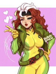 anna_marie belt big_breasts blinking blush blushypixy blushyspicy breasts female green_hair heart marvel marvel_comics red_hair red_lipstick rogue_(x-men) white_hair x-men yellow_clothing