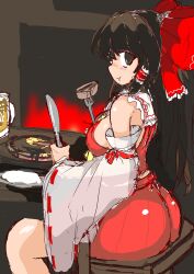 eating fork hagure_sakuramochi knife reimu_hakurei sideboob sitting table touhou