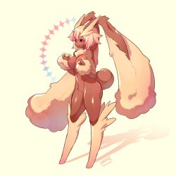 1girls absurd_res black_sclera blonde_hair breasts female female_only full_body light_blush looking_at_viewer lopunny masvino medium_hair narrowed_eyes nintendo pokémon_(species) pokemon pokemon_(species) pokemorph red_eyes side_view smiling smiling_at_viewer solo