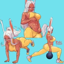 1girls abs ass big_ass big_breasts black_thong bottomwear breasts bunny_ears female female_only hair long_hair miruko muscles muscular muscular_female my_hero_academia pants pinkufran ponytail push-up red_eyes rumi_usagiyama smile solo solo_female sweat sweatdrop thong topwear white_hair yellow_pants yellow_topwear