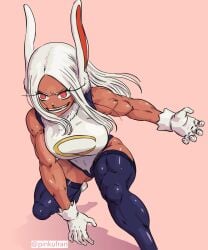 1girls armwear big_breasts breasts bunny_ears dark-skinned_female dark_skin female female_only fully_clothed gloves hair hero_outfit_(mha) huge_breasts legwear leotard long_hair miruko muscles muscular muscular_female my_hero_academia pink_eyes pinkufran rumi_usagiyama solo solo_female superheroine thick_thighs thighs white_hair