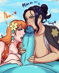 1boy 2girls artist_name blue_eyes blue_hair blue_skin breasts colored_skin dark_blue_hair fellatio female female_focus ffm_threesome flower group_sex hair_bun hair_flower hair_ornament highres jinbe licking licking_penis long_hair lying male multiple_girls nami nico_robin nude onami one_piece open_mouth oral orange_hair orobi outdoors penis post-timeskip s0_underrated sex single_hair_bun threesome tongue tongue_out wano_country