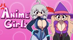 2girls arm_on_hip belt big_breasts blair_(scruffmuhgruff) blue_hat breasts chunkymoon cleavage curvy hat moo_(chunkymoon) pink_background scruffmuhgruff smile