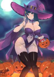 1girls absurd_res alternate_breast_size big_breasts blue_eyes blue_hair breasts dawn_(pokemon) female halloween hat hi_res highleg_leotard hips kaos_art large_hat leotard light-skinned_female light_skin long_hair pokemon pokemon_dppt slim_waist thick_thighs thighhighs thighs wide_hips witch_costume witch_hat