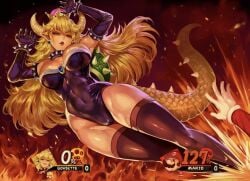 1boy 1girls arms_up arms_up_pose big_ass big_breasts black_dress blonde_hair bowsette breasts collar english_text fire horn hud mario mario_(series) new_super_mario_bros._u_deluxe nintendo spiked_collar super_mario_bros. super_smash_bros. tail text whistlerx wide_hips