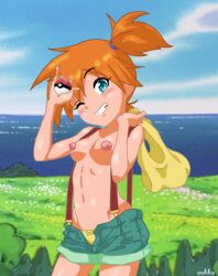 1girls breasts female female_only kasumi_(pokemon) looking_at_viewer panties pokemon red_hair short_shorts sokko_(artist) solo suspenders topless_female winking