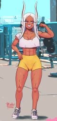 1girls abs big_breasts bottomwear breasts bunny_ears cleavage dark-skinned_female dark_skin female female_only flexing footwear full_body fully_clothed gym hair hand_on_hip legs lips long_hair miruko muscular muscular_female my_hero_academia pink_eyes pinkufran rumi_usagiyama shoes shorts smile solo solo_female teeth thick_thighs thighs topwear white_hair white_topwear workout_clothes yellow_shorts