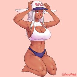 1girls big_breasts breasts bunny_ears clothing dark-skinned_female dark_skin feet female female_only fully_clothed hair hat headwear huge_breasts lips long_hair miruko my_hero_academia panties pink_eyes pinkufran rumi_usagiyama smile solo solo_female thick_lips thick_thighs thighs topwear white_hair white_topwear